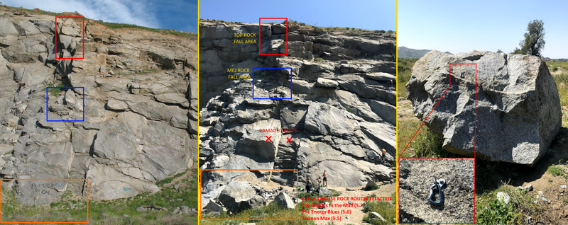 Rock fall sometime between my climbing trip on 10-12-18 & recent trip 3-23-19 on Schoolhouse Rock area, bolts effected on 3 routes, 1 bolt on a boulder 100 ft. away from routes. Loose gravel & rocks covering a lot of holds on the routes. Be Safe.