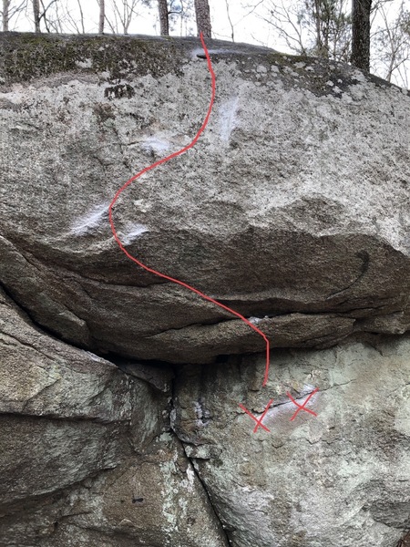 Start holds are marked with the XX's, make a move to the jug rail then fallow good crimps to the top.