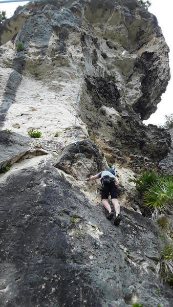 Steve on the opening slab of Chupacabra, one of the first routes bolted in Puerto Rico