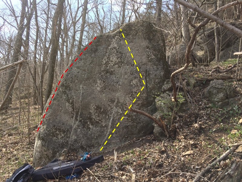 There might be enough featuring to go straight up without the crack. Red line is the V1-2 arete.
