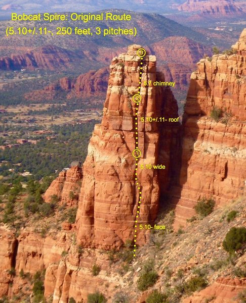 Phototopo of the Original Route (5.10+/.11-) on Bobcat Spire.