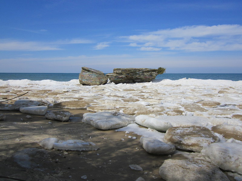 The presumed "Adam, Chris, John Boulder"
<br>
As you can see, the ice negated any attempts. Once it melted the base and more was still covered by the lake.
<br>
March 2019.