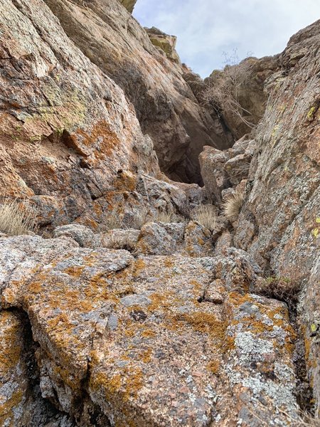 After the traverse on pitch 2 - the cave is directly above. This is where I went to the right and up to the spacious ledge between pitches 2 & 3.