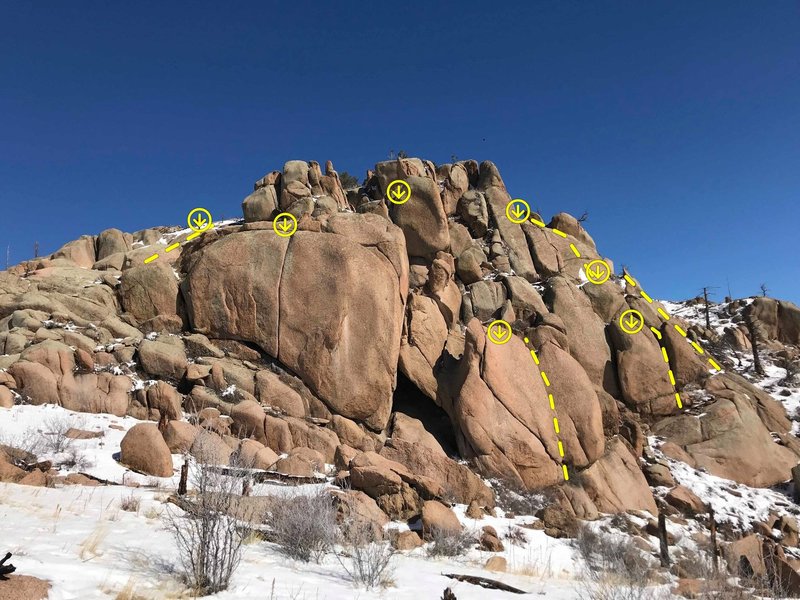The cliff L->R Chizzy, Jane Doe, Sweet Fists and Drill Bits, Shelby's Crack, Flare of Despair, World on Fire, and Little William.