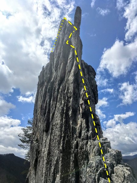 "Direct" route uses the east (climber's left) face underneath the Gryphon's Beak, before passing behind it to the west face and continuing up the summit arete until a good belay stance can be established at approx the end of yellow dotted line