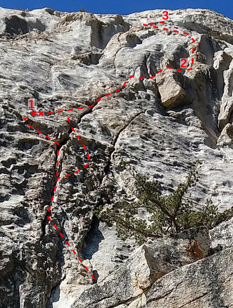 Photo topo of Left Ski Track at Tahquitz. Photo by Derek Shirk, topo by Ben Crowell.