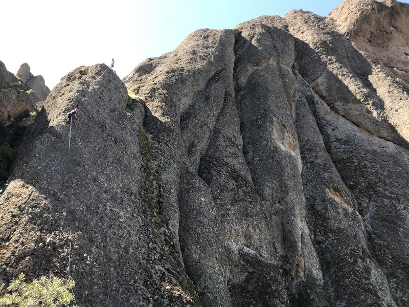Milo (15) just led pitch one with Henry (10) following. We skipped the hanging belay and did pitch 2 and 3 as one long pitch with a 60 and 50 meter rope tied together.