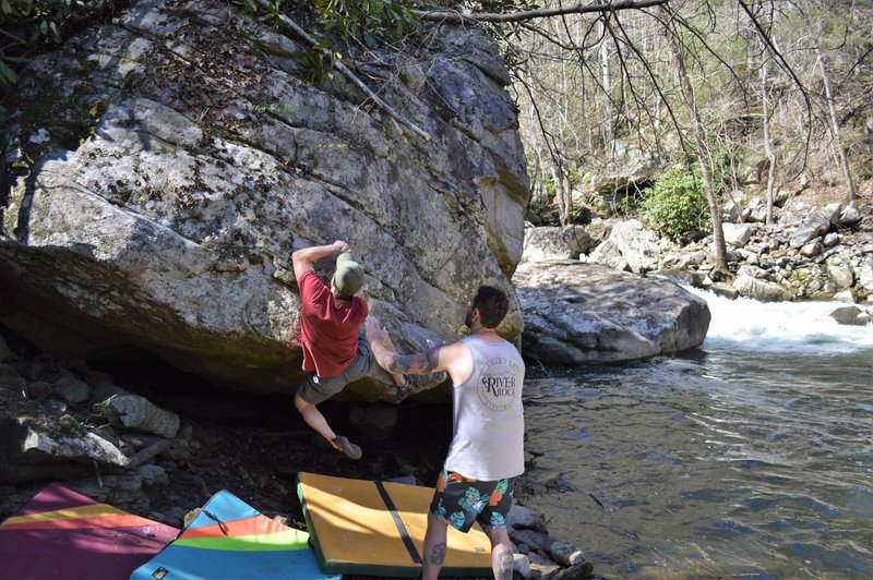 Marsh slinging hands on the 2nd ascent of "Silent Majority" while Nathan wears a wonderfully on-the-nose River Rock tank top.