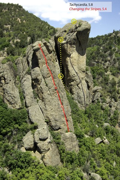 New Rappel/Descent Route shown in yellow, established 4/18/19..