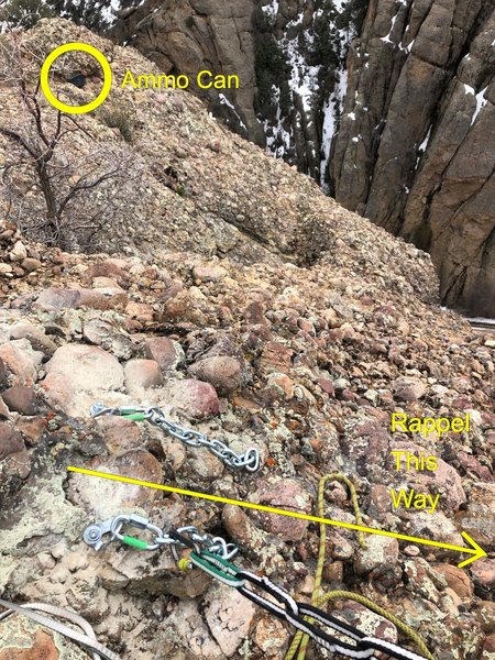 A view of the new rappel anchors as of 4/18/19. The Ammo can is visible in the upper left-hand corner of the photo.