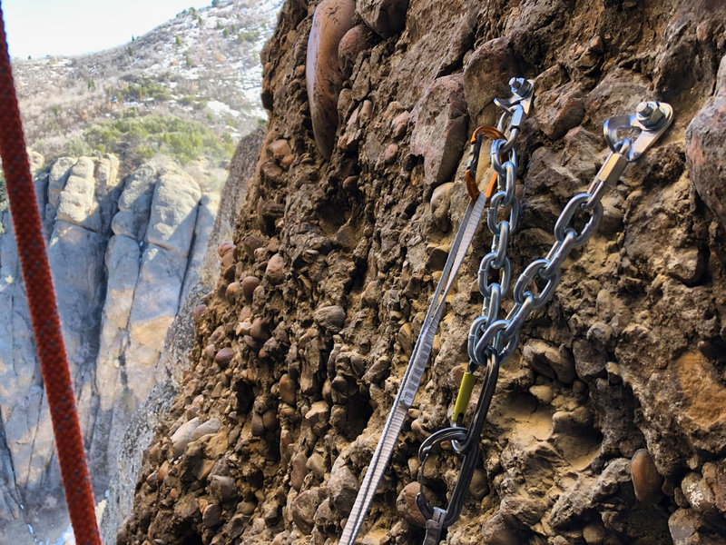 The third rappel anchor station, placed on 4/18/19. Photo looks south, the Maple Canyon road is below the lower left hand corner of the photo. Heart Rock is at photographers left. A third bolt is just out of view near the upper right-hand corner of photo.