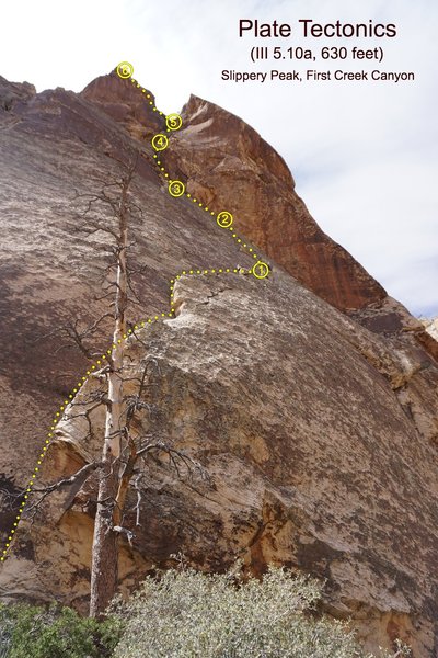 Looking up the route from the base with belays marked. Extremely foreshortened view.