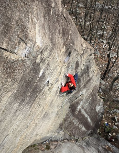 Ben on the direct start section, attempting the second ascent. Photo: Adam Tripp