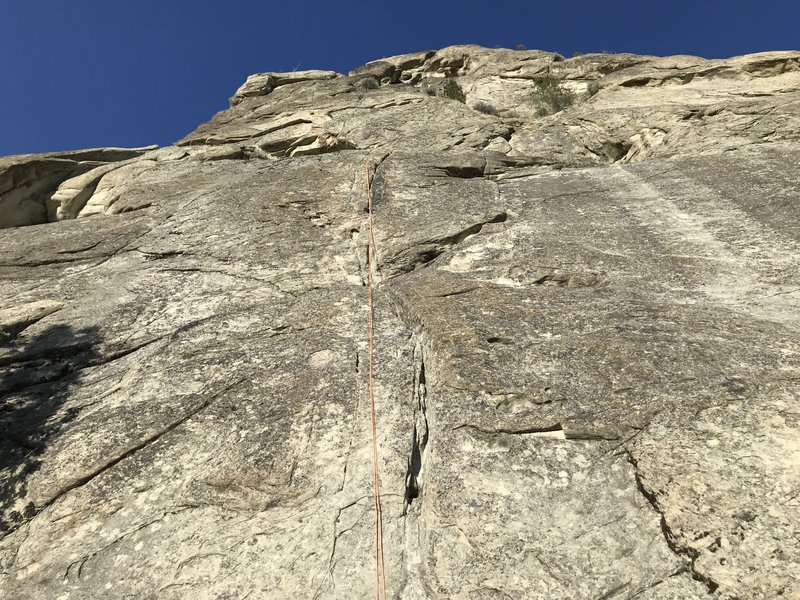 Looking up the west face of Grand Central Tower. Shady Lane is the line straight up next to the rope