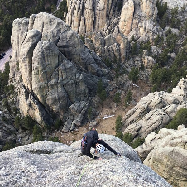 Joe Reichling finishing the runout slab on the last pitch of The Buck Stops Here.
<br>
<br>
Photo: Logan Dop