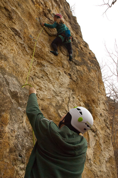 Ingrid paying out slack for Cody.
<br>
<br>
Photo: Logan Dop