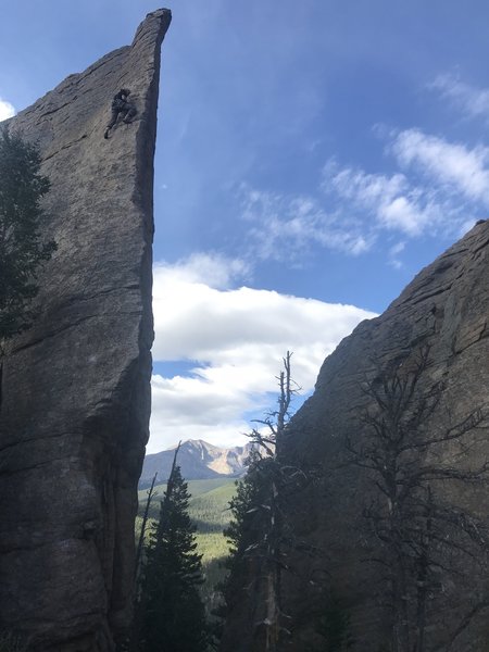 Getting the best view I could of the Diamond.
<br>
<br>
Climber: Logan Dop