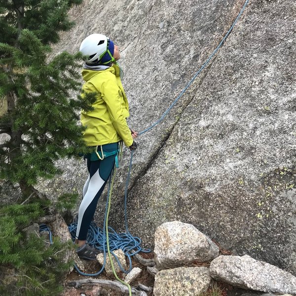 Clare with the belay at the base.