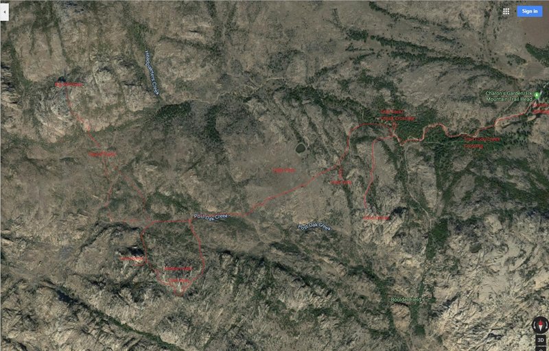 Satellite map of trails to Echo Dome, Crab Eyes, Hidden Wall, Lost Dome