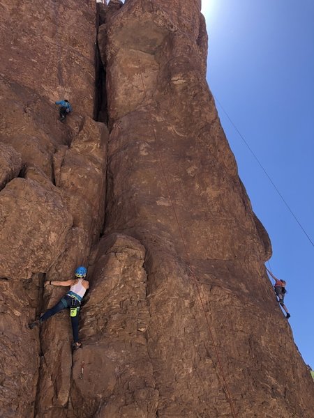 Three climbers - L>R - Neil on Grumpy after Eight S 5.10a, Jenn on First Born S 5.8 and another climber on Giggling Marlin S 5.9