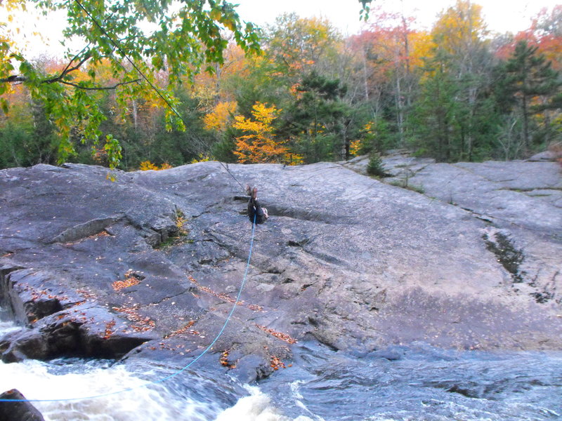 The Tyrolean traverse, pic taken in the fall of 2018 just before the Tyrolean was taken down. Only a bit of the raging river can be seen.