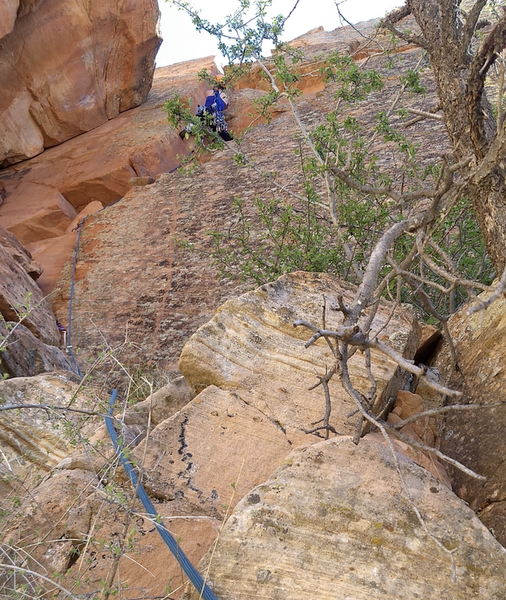 Fourth pitch, after running the rope across the grassy area and up. This runs 5.7 according to summitpost but felt more 5.8+ish