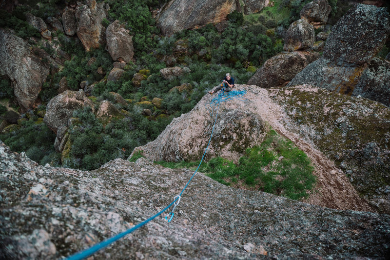 Luke belaying from top of P1. Couldn't contain his excitement as he watched me run it out. Good thing its 5.4