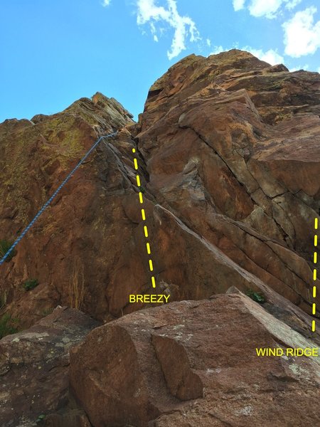 The staging for pitch 1 of Breezy is the same as Wind Ridge. Just go left instead of right. The chalked up start is for Wind Ridge, and Breezy goes into the direction of a small tree.