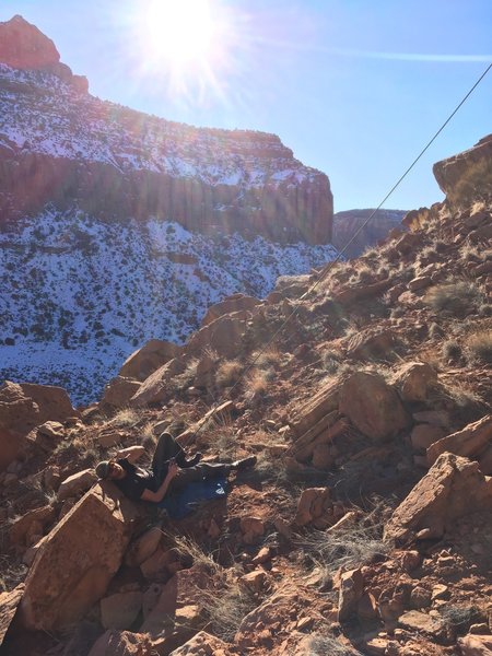 Dave with his classic attentive belay and ubiquitous middle finger. What a guy!