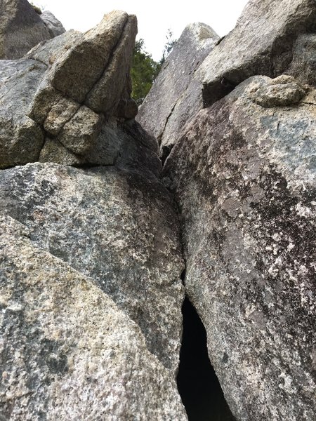 Looking up from the base of Pitch 1, 5.7 groove option (this starts on a ledge above the bushy corner).