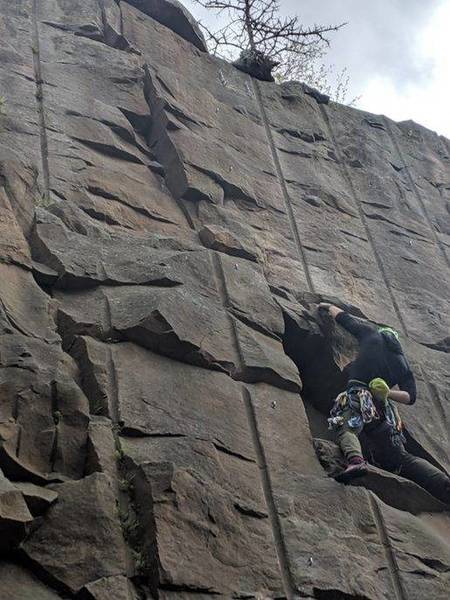 Leading the Crack with No Name... one of the better 5.9 crack leads in MN. Be solid on easy/unprotectable terrain to get the good gear.
<br>
Photo: Tyler Porter