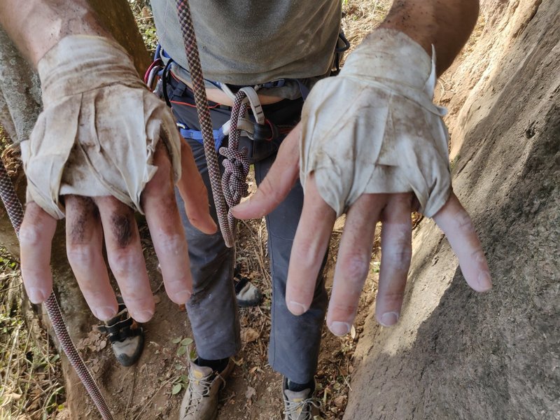 Dirty, sweaty, and coated in rock hyrax crap....Route development in Kenya.