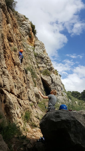 My 5 year old son climbing an easy 15 meter pitch (around 4c)
