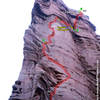Annotated photo topo detail of the middle 1/3 of the route, which is the most complex section.