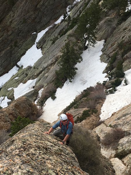 The first couple of rock moves after ascending snow couloirs (May 2019)