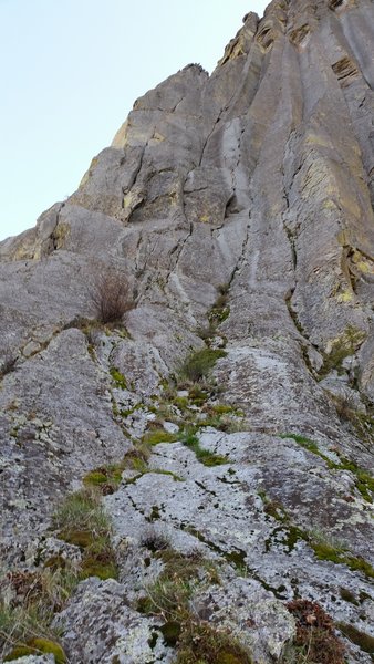 Pitch two of Belle Fourche Buttress, as viewed from the hike over to it. See the left-most crack in the picture.