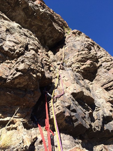 First pitch of the crack after the traverse. There was a single piton behind a loose block at the belay which is not to be trusted