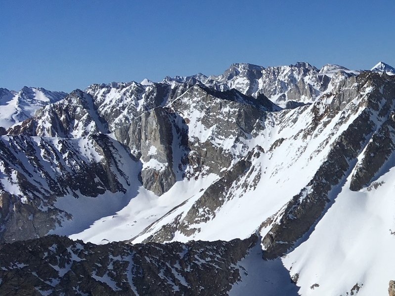 Kindergarten Couloir & Checkered Demon with North Couloir of Mt Emerson behind.