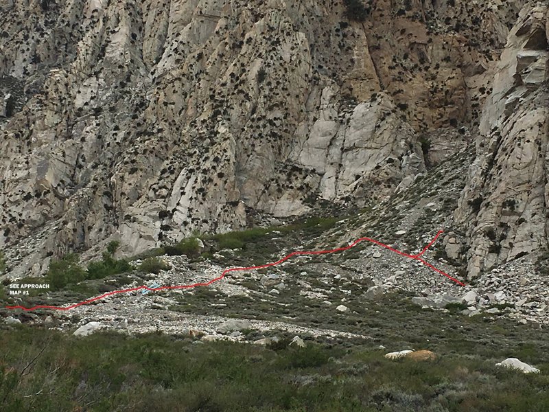 New approach to Lamb Wall & 3-Hour Buttress (2 of 2). Follow south creek-side, cross and continue up and right.