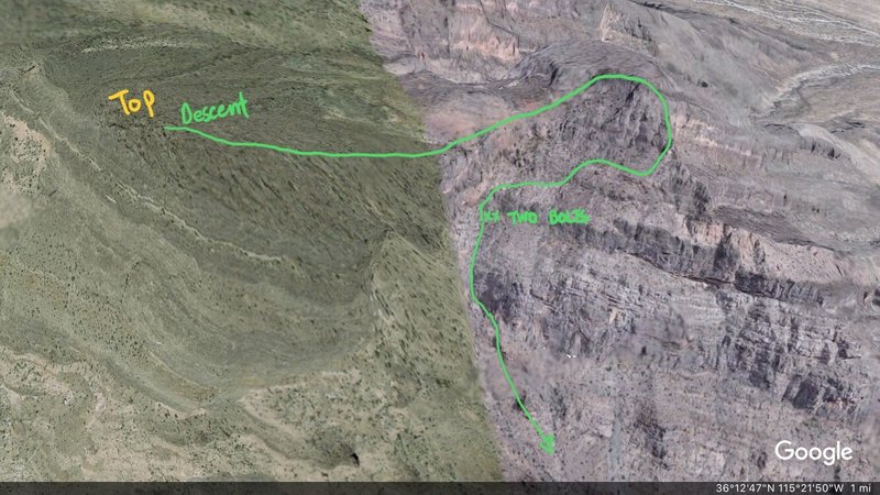 Approximate descent route. The two bolts literally came out of nowhere when we were just about to sacrifice some gear and rap down.