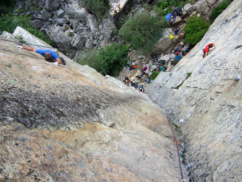 Looking down from anchor at top of Ready to Strike. Climber on left on Just Basking (11b, sport). Climber on right on Cytotoxic (5.11a, sport).
