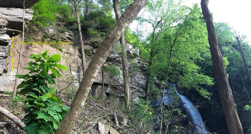 When looking at waterfall route is inside the far left corner of picture