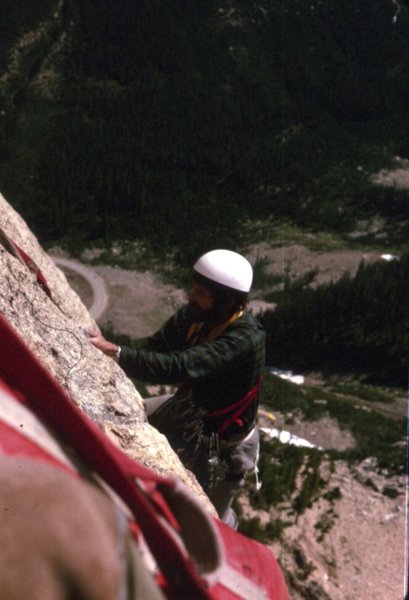 South face of South Early Winter Spire 1976 Dick Emerson climbing