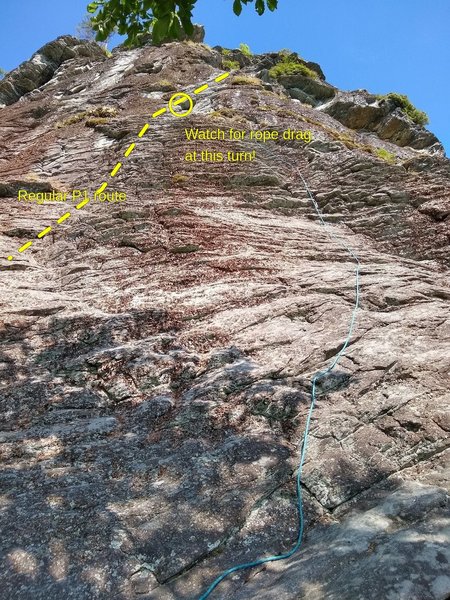 Variation start for P1, starting just to the right of where Cave Route P2 ends. Gear was fiddly, and this creates a ton of rope drag once you rejoin the bolt line (I reached down to unclip the bolt after pulling the mini roof to help with this).