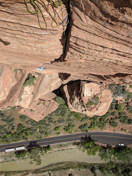 Looking down the entire crux pitch