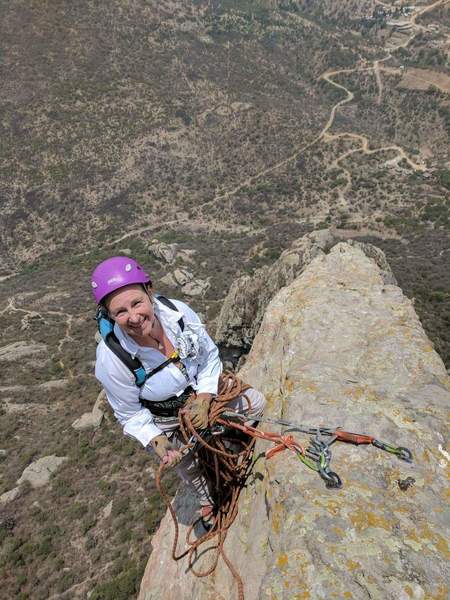 Prospective of belay stance before trending left to an OLD rusty bolt over a bulge to gain the ridgeline again.