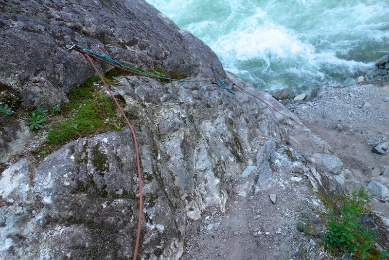 Fixed ropes at base of route. If you have a single 60, you can avoid a final rappel by downclimbing the fixed lines.
