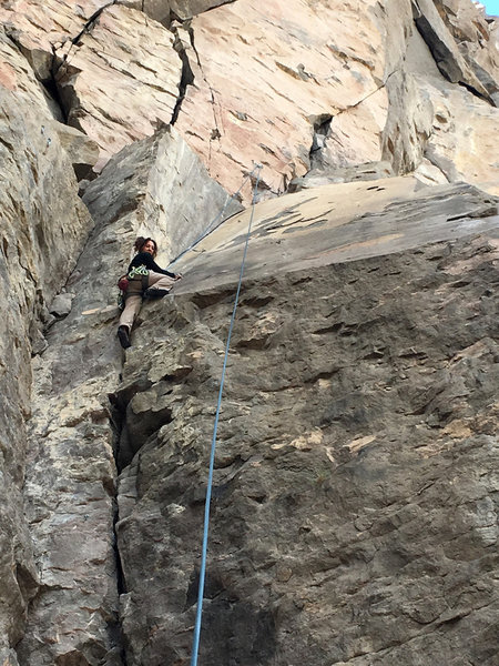 Maidy getting into the fun feature at the top of the route.