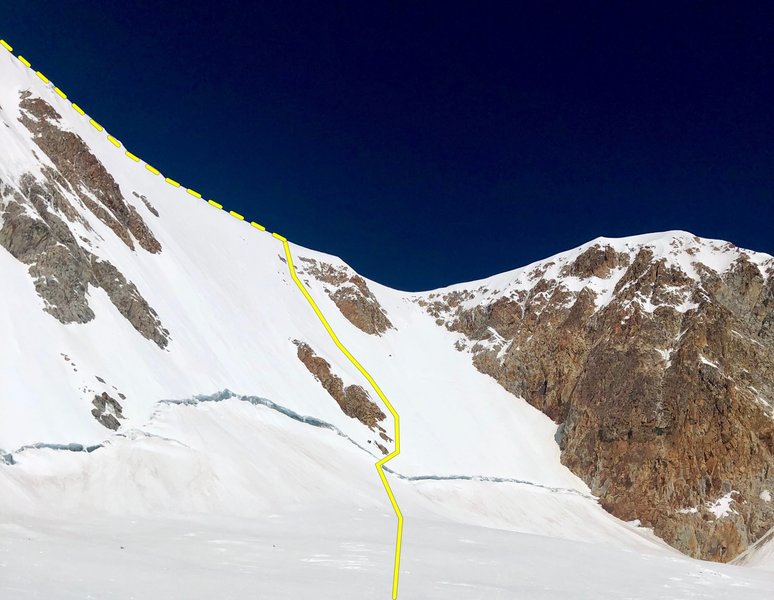 The NW Headwall. Note a party of 2 guides and 1 client are descending just above the bergschrund for scale.