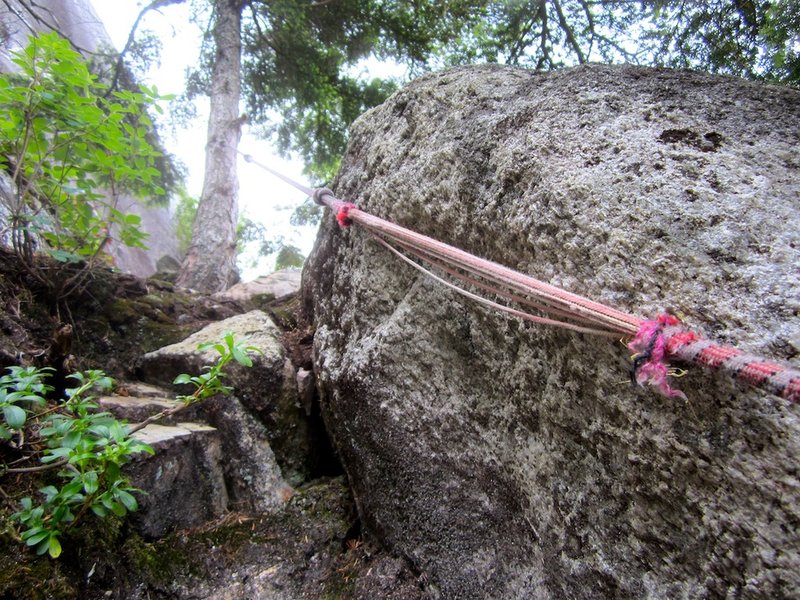 Frayed fixed rope between top of Pitch 3 and base of Pitch 4.